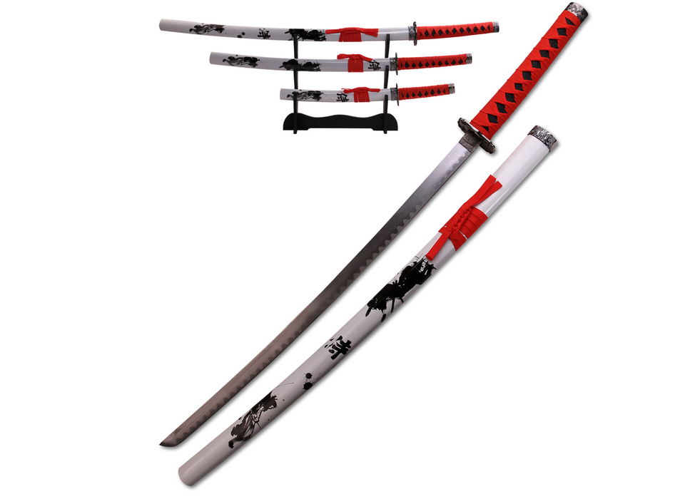 3 Piece Sword Set with Display Stand Red/White Not sharp