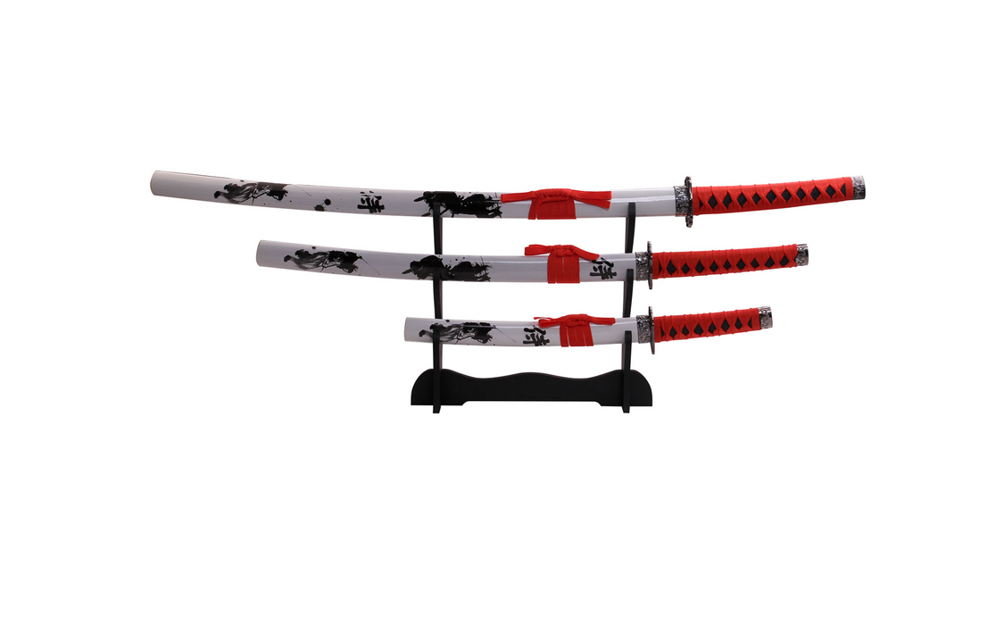 3 Piece Sword Set with Display Stand Red/White Not sharp