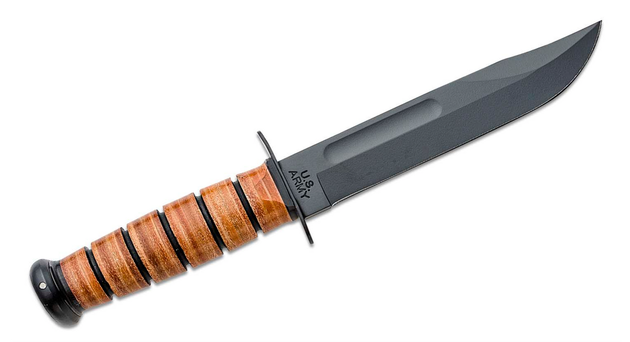 KA-BAR 1220 US Army Fighting Knife 7" Plain Blade, Leather Handles, Leather Sheath